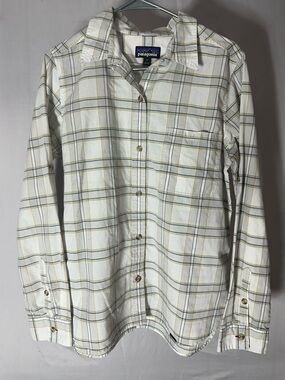 Patagonia Men's Cream Plaid Button-Down Shirt with Green and Tan Stripes